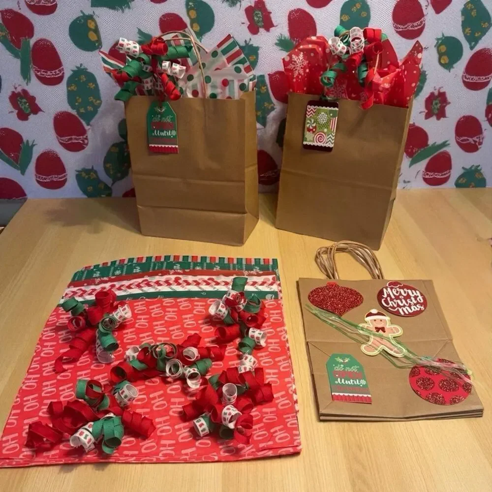 Set of 5 Festive Gift Bag Set with Red and Green Accents